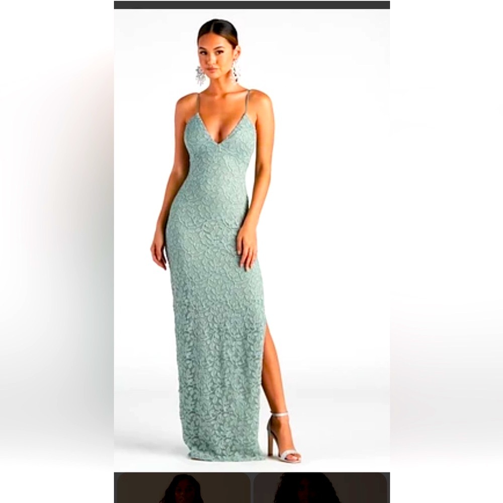 Windsor Marylou Lace Mesh
Plunge Neck Formal Dress in Sage